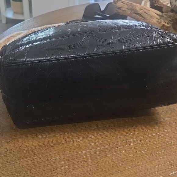 COACH Black Patent Leather Signature Stripe Tote Shoulder Bag (F15142) - Picture 4 of 9